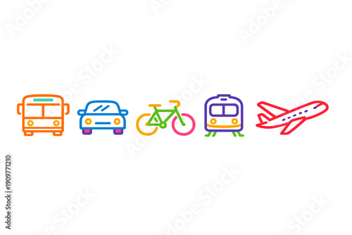 A row of colorful neon-style icons representing different modes of transportation including a bus, car, bicycle, train, and airplane, set against a solid black background.