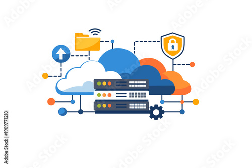 A flat vector illustration representing cloud computing and data storage, featuring server racks, colorful clouds, a security shield with a padlock, and various network icons.
