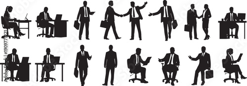 Diverse silhouettes showcasing various business roles and professional interactions, illustrating key workplace scenarios and the dynamic concept of corporate environments