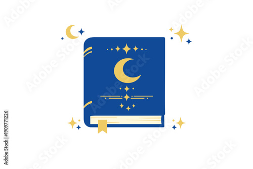 This flat illustration depicts a blue spellbook or journal adorned with a golden crescent moon and stars. The book includes a yellow bookmark and is surrounded by celestial motifs.