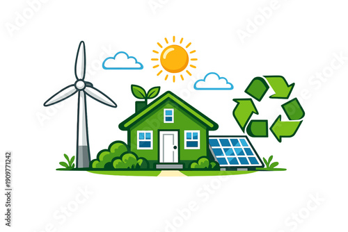A flat vector illustration of a green eco-friendly house powered by a wind turbine and solar panels under a bright sun, featuring a recycling symbol and lush greenery.
