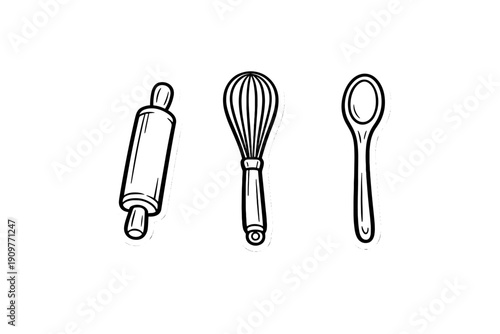 A black and white illustration featuring three kitchen utensils: a rolling pin, a whisk, and a spoon. The items are designed as stickers with white borders on a dark background.