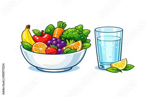 This colorful illustration shows a white bowl overflowing with healthy fruits and vegetables alongside a refreshing glass of water with a lemon wedge on a black background.
