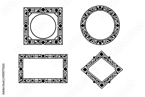 Four white geometric frames with intricate tribal and art deco patterns are displayed on a solid black background, including square, circle, rectangle, and diamond shapes.