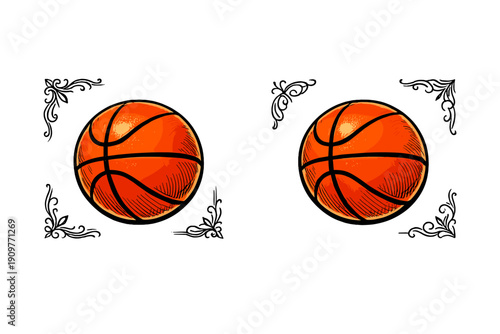 Two identical orange basketball illustrations are displayed side-by-side against a solid black background. Each ball features detailed black lines and textured shading for a graphic look.