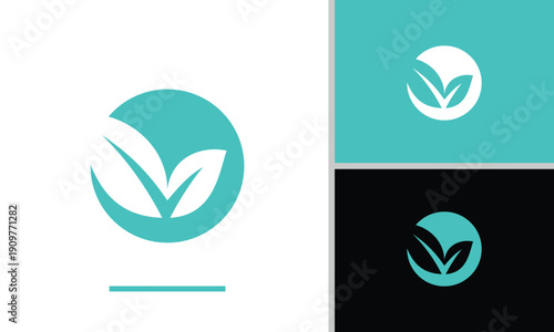 A solid teal circle logo with two white leaves that resemble a checkmark or a newly sprouted sprout, and a white curved shape beside it. Below it is a teal horizontal line. This gives the impression o