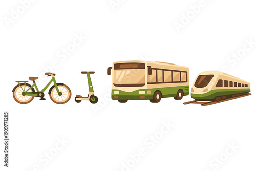 A row of various transportation modes including a bicycle, an electric scooter, a bus, and a high-speed train, all featuring a green and cream color scheme on a black background.