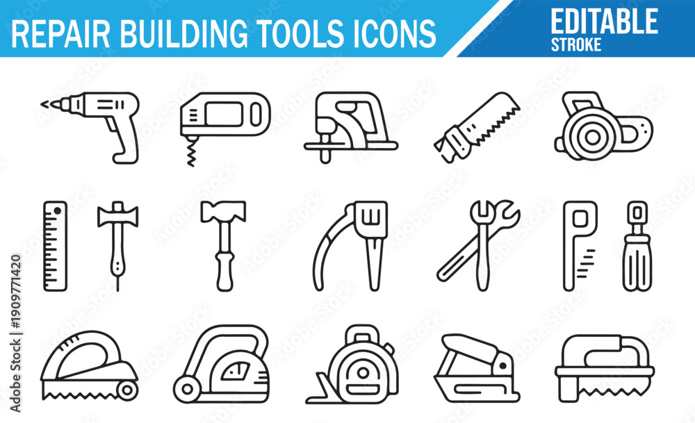 Fototapeta premium Repair Kit Line Icons Set. Editable Vector Symbols of Building Tools and Hardware.
