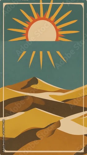 stylized vintage travel poster of a sunlit coastline, warm retro textures
