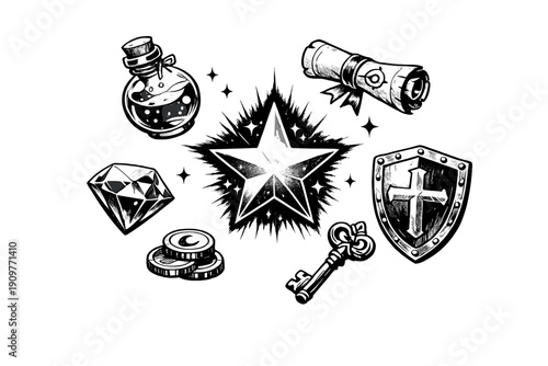 A collection of black and white fantasy adventure icons including a potion bottle, scroll, glowing star, shield with a cross, ornate key, coins, and a diamond on a black background.