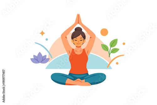 A peaceful woman practices yoga in a seated position with hands joined above her head. This flat vector illustration includes abstract symbols like a lotus flower and green leaves.