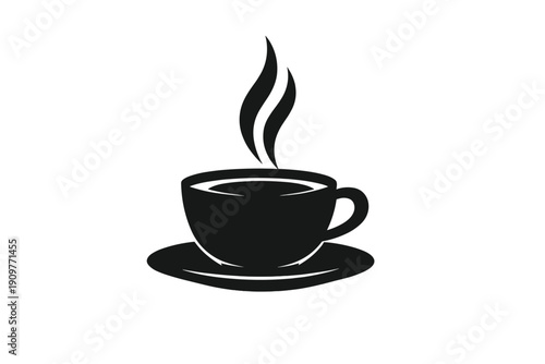 A black silhouette illustration of a steaming cup of coffee or tea sitting on a saucer. The minimalist design features two wisps of steam rising from the hot beverage against a dark background.