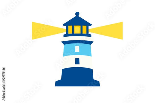 A stylized blue and white lighthouse illustration emitting bright yellow beams of light from its lantern room, set against a solid black background.