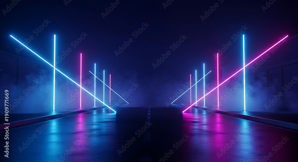 custom made wallpaper toronto digitalNeon Light Beams Over Wet Asphalt Road in Dark Cyberpunk City Environment at Night