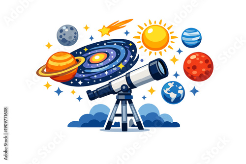 A colorful cartoon illustration featuring a telescope on a tripod surrounded by various celestial bodies like planets, a spiral galaxy, the sun, a moon, and stars against a dark background.