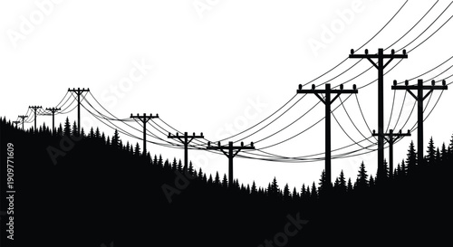 Silhouette of power lines and utility poles crossing forest hills landscape, electricity transmission infrastructure in rural mountain scenery