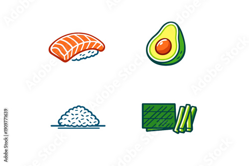 A collection of four stylized vector icons representing sushi ingredients including salmon nigiri, a halved avocado, a pile of rice, and nori seaweed with cucumber sticks on a black background.