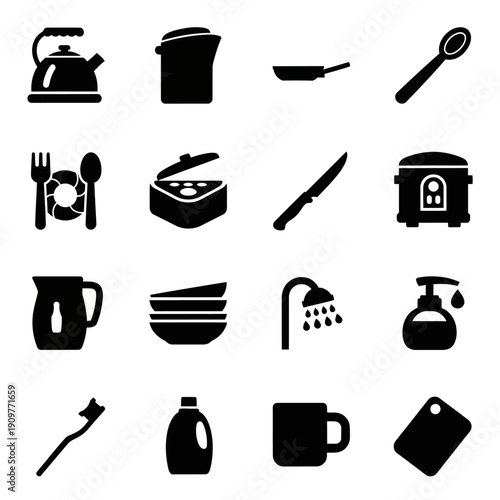Collection of kitchen utensils and appliances icons set.