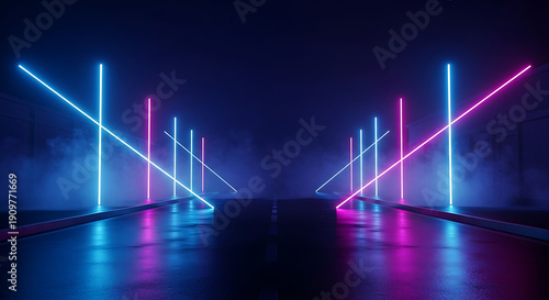 Wallpaper Mural Neon Light Beams Over Wet Asphalt Road in Dark Cyberpunk City Environment at Night Torontodigital.ca