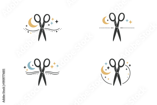 A collection of four minimalist logo designs showing black scissors paired with a crescent moon and stars, featuring delicate line art and celestial elements on a black backdrop.