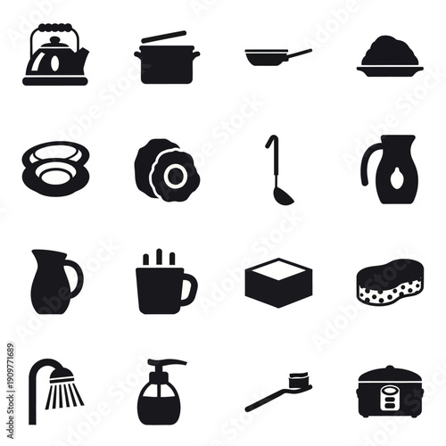 Collection of black kitchen utensil and appliance icons.