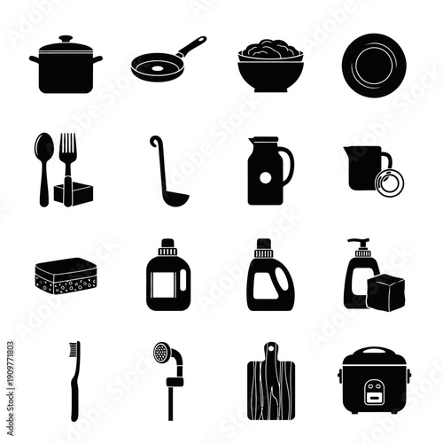 Collection of kitchen utensils and appliances icons set.