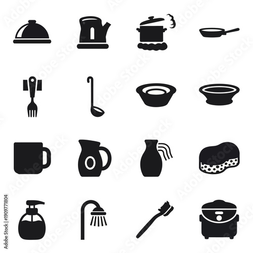 Collection of kitchen utensils and appliances icons.