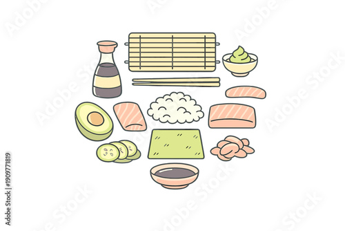 A flat illustration of sushi making ingredients including salmon, rice, avocado, cucumber, nori, wasabi, ginger, soy sauce, and a bamboo mat arranged on a black background.