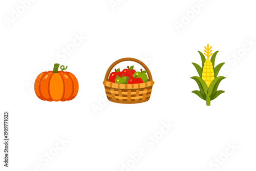 A collection of autumn harvest illustrations featuring an orange pumpkin, a woven basket filled with red and green apples, and a yellow ear of corn with green husks on a black background.