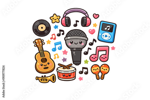 Kawaii vector illustration featuring anthropomorphic musical instruments like a guitar, drum, and microphone with smiling faces, surrounded by notes and stars on black.
