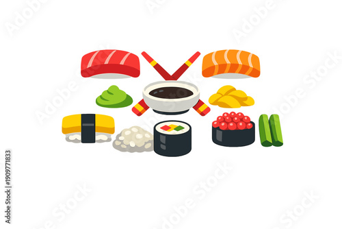 A colorful vector illustration of various sushi types including nigiri, maki, and gunkan, along with wasabi, ginger, soy sauce, and chopsticks, all set against a black background.