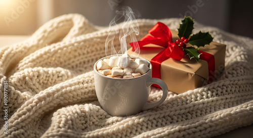 Wallpaper Mural Cozy Winter Still Life with Hot Cocoa, Marshmallows, Gift Box, and Knit Blanket Torontodigital.ca