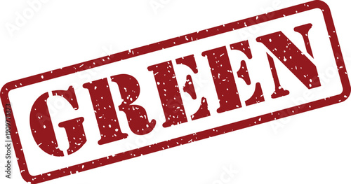 A distressed red rubber stamp impression prominently displays the word GREEN on a clean white background