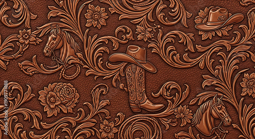 Wallpaper Mural Western Cowboy Tooled Leather Pattern Background with Horses and Boots Torontodigital.ca