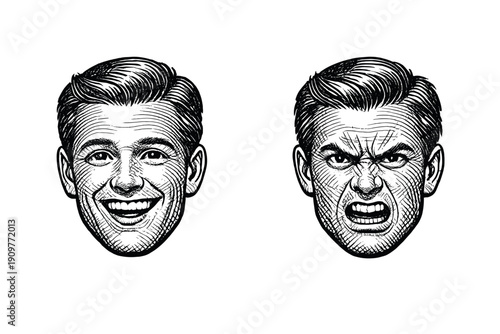 Two black and white woodcut style illustrations of a man's face showing contrasting emotions of happiness and anger. The vintage engraving style features detailed cross-hatching.