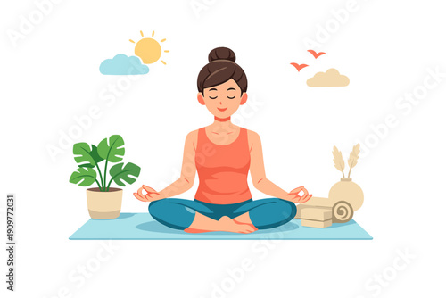 A flat vector illustration of a woman meditating in a lotus pose on a yoga mat. She is surrounded by a potted plant, yoga blocks, a towel, and a sun with clouds in the background.