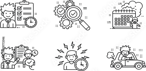 Business productivity icons set featuring time management, project checklist, gears search, calendar planning, stress management, and car commuting line art.Business productivity 