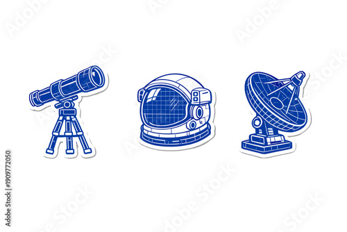 A set of three blue and white space-themed stickers featuring a telescope on a tripod, an astronaut helmet, and a satellite dish, all presented on a solid black background.