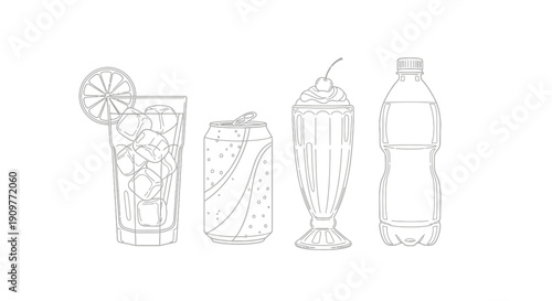 line drawing of various cold drinks