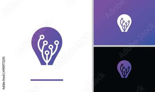 The iconic light bulb silhouette logo as a symbol of ideas or enlightenment. A network resembling a neural tree, a digital connection.