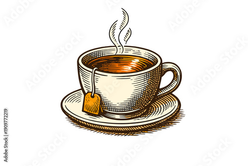 A vintage-style woodcut illustration of a steaming cup of hot tea on a saucer with a tea bag hanging out, set against a solid black background with warm orange and cream tones.