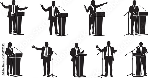 Diverse Silhouettes of Public Speakers Illustrating Leadership, Communication, and Persuasive Rhetoric for Presentations and Professional Engagements