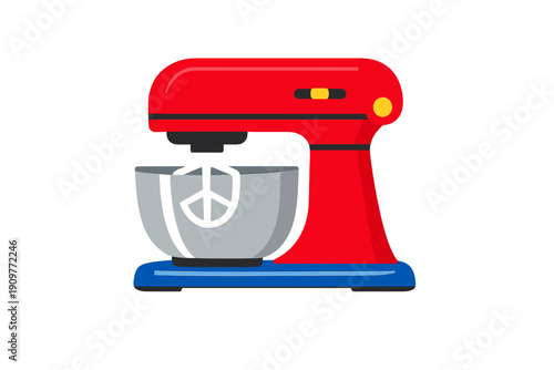 This flat vector illustration depicts a red kitchen stand mixer with a grey bowl and blue base. It includes a black mixing attachment and a yellow switch on the side of the machine.
