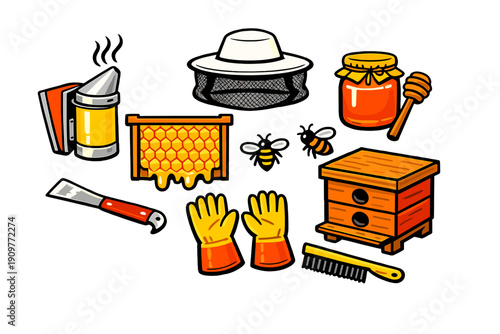 This illustration set features various beekeeping tools such as a smoker, wooden hive, honeycomb frame, protective gloves, and a jar of honey with a dipper on a black background.