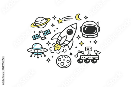 A collection of space-themed line art illustrations featuring a rocket, astronaut helmet, planets, satellite, and a lunar rover on a black background with yellow and blue accents.