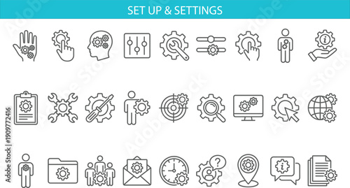 Modern settings and management icon set featuring system configuration, workflow optimization, technical support, and productivity concepts in minimalist outline design style