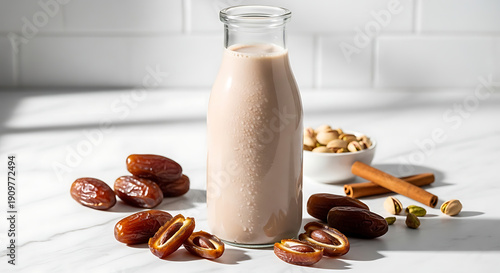 Wallpaper Mural Creamy Homemade Date and Pistachio Nut Milk in a Glass Bottle with Raw Ingredients Torontodigital.ca