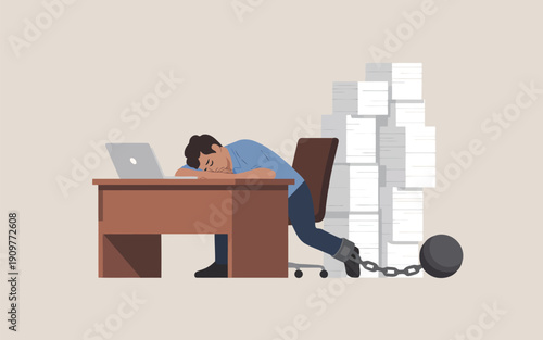 An exhausted man sleeps at his desk, chained to a massive pile of overwhelming documents and paperwork
