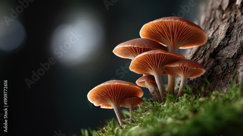 Oyster mushrooms grow on a tree trunk in a dark setting with a banner for ricardo de f and space for additional text in high resolution