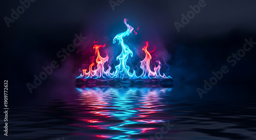 Wallpaper Mural Abstract Neon Fire on Water with Blue and Pink Flames, Surreal Glowing Light Reflection Torontodigital.ca